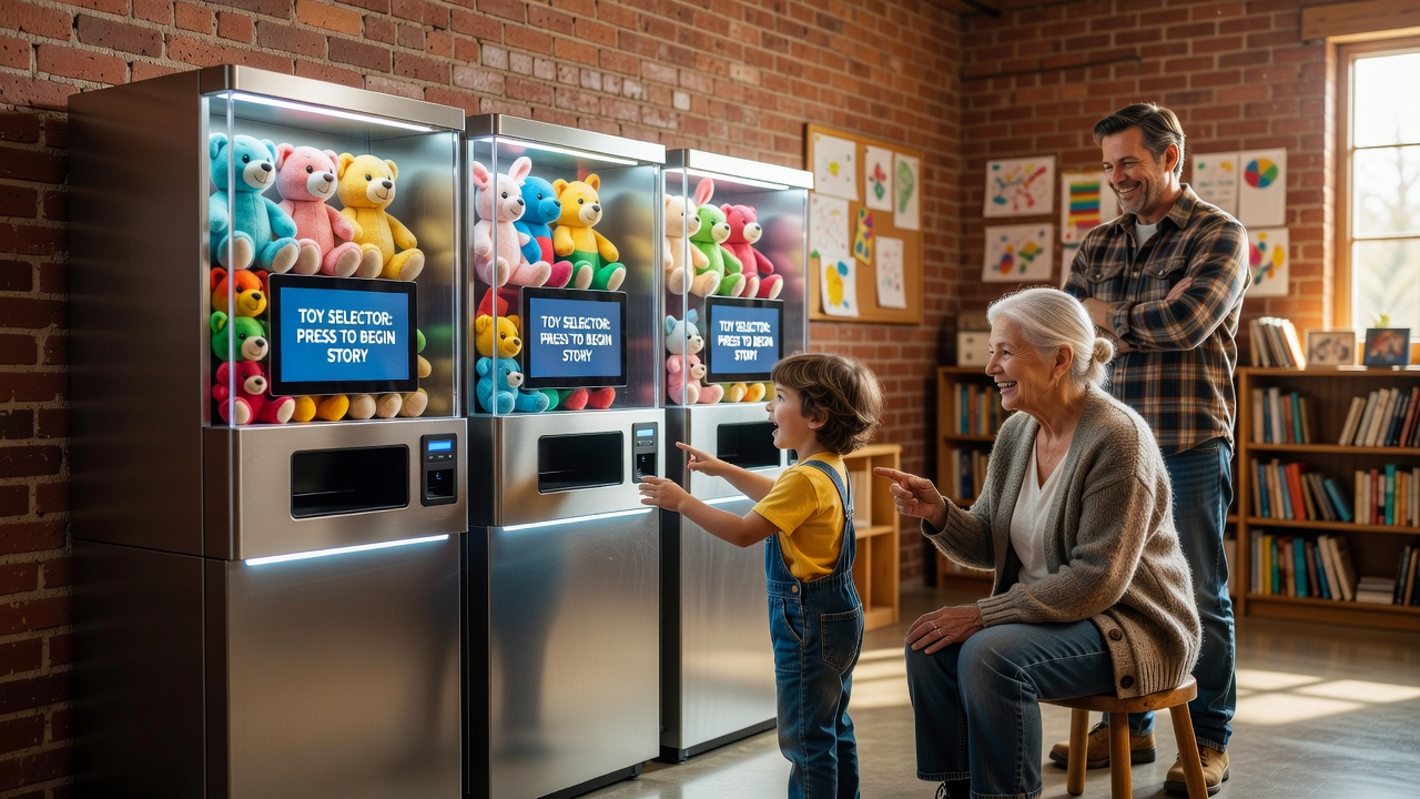 Detailaufnahme einer Kapselmaschine mit Kindern und Senioren im Hintergrund, die Geschichten austauschen