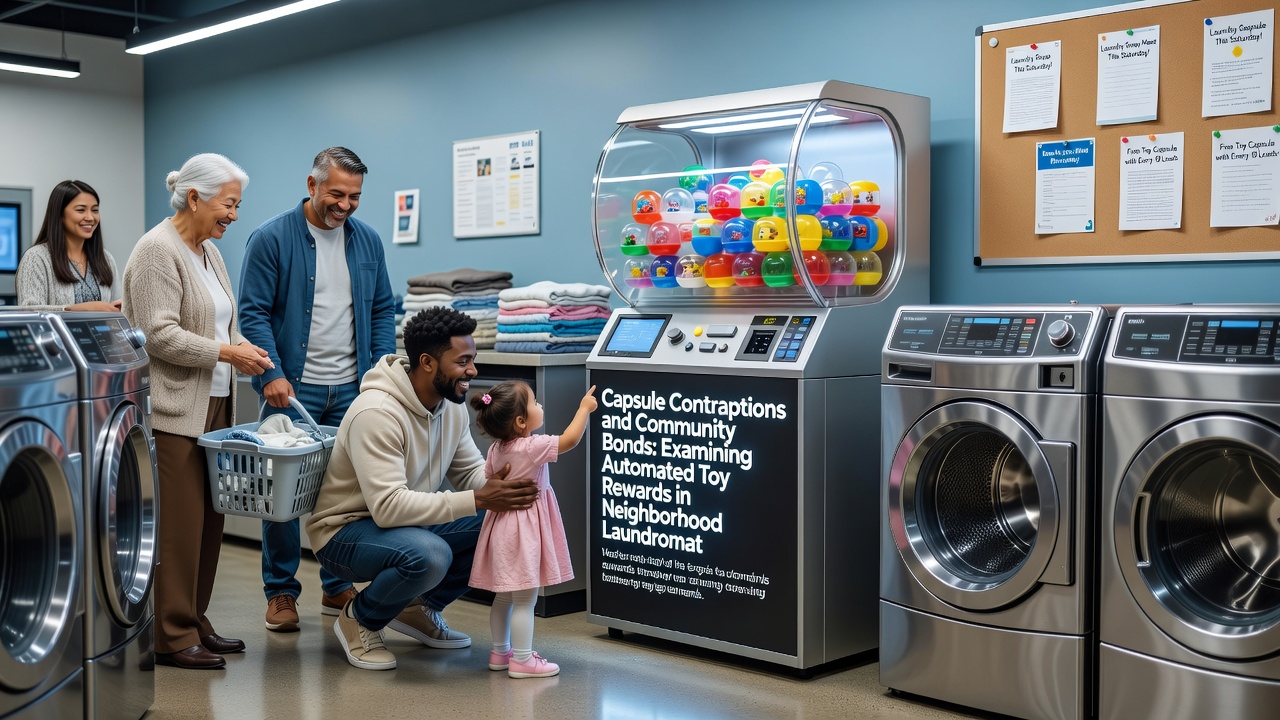 Kinder und Erwachsene interagieren um einen Kapselautomaten in einem Waschsalon und tauschen Spielzeugfiguren aus