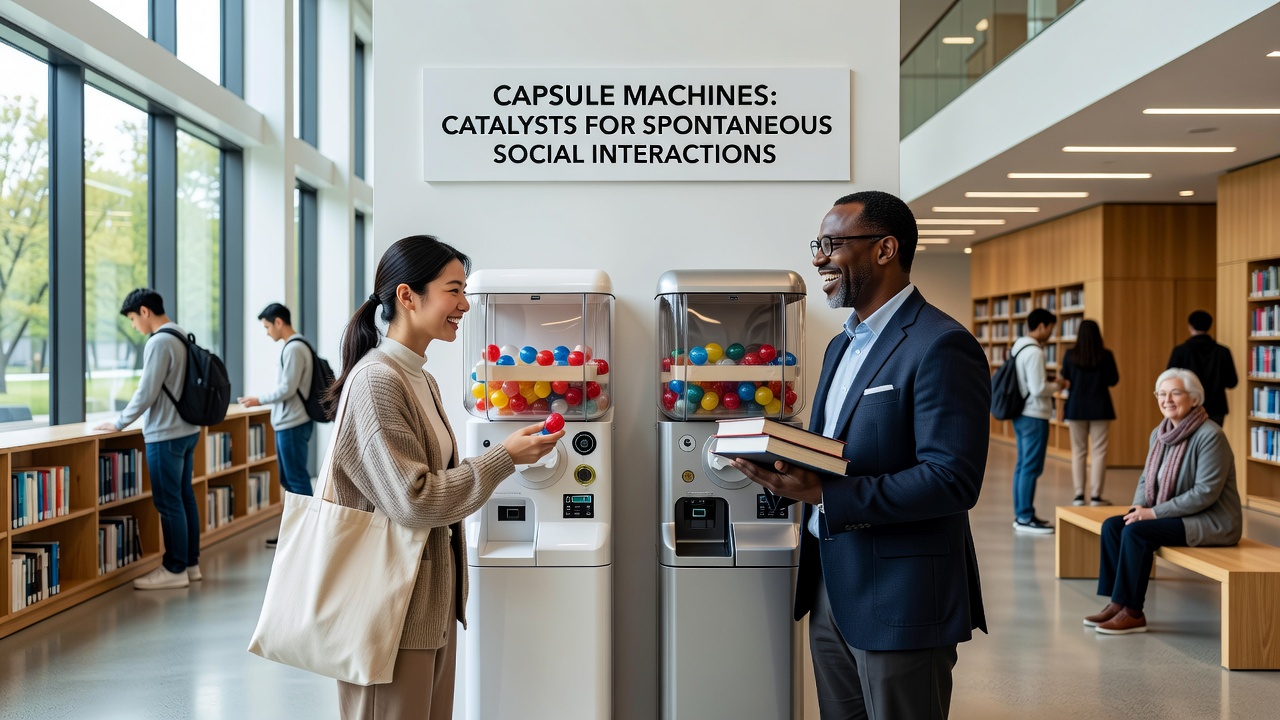Besucher interagieren um einen Kapselautomaten in einer Bibliothek