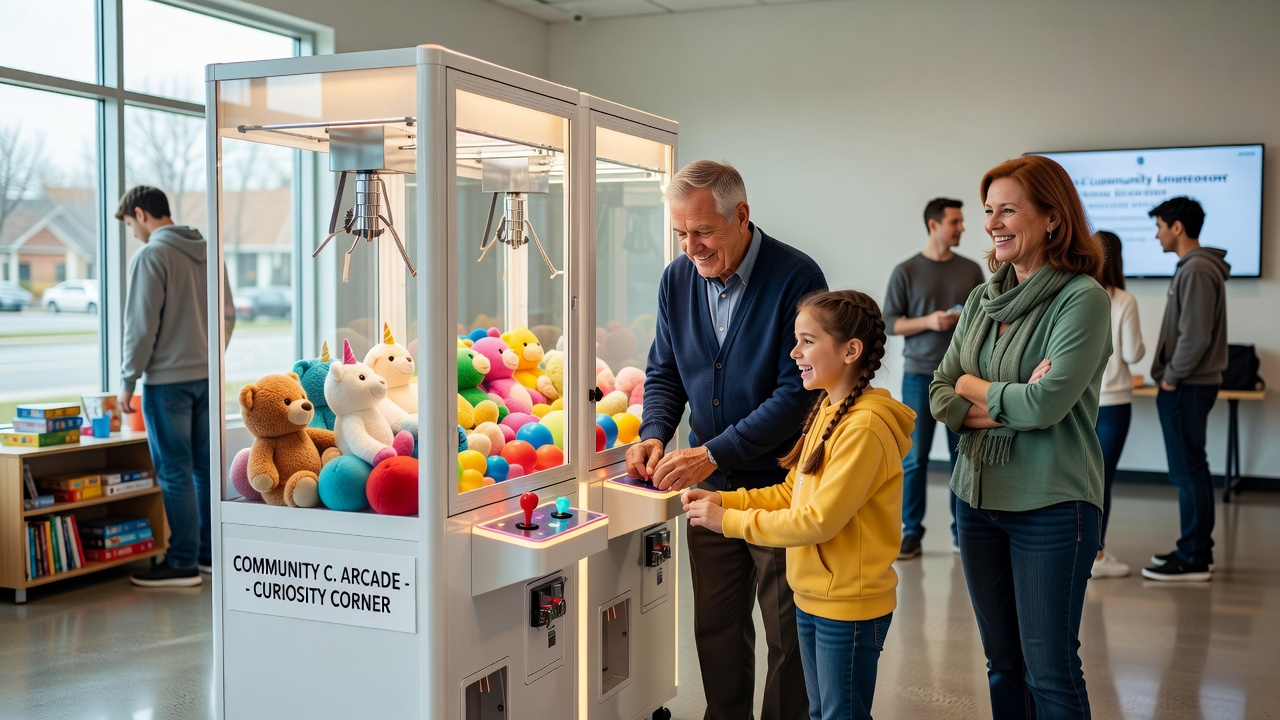 Gruppe aus verschiedenen Generationen nutzt Spielautomaten in einem Gemeindezentrum