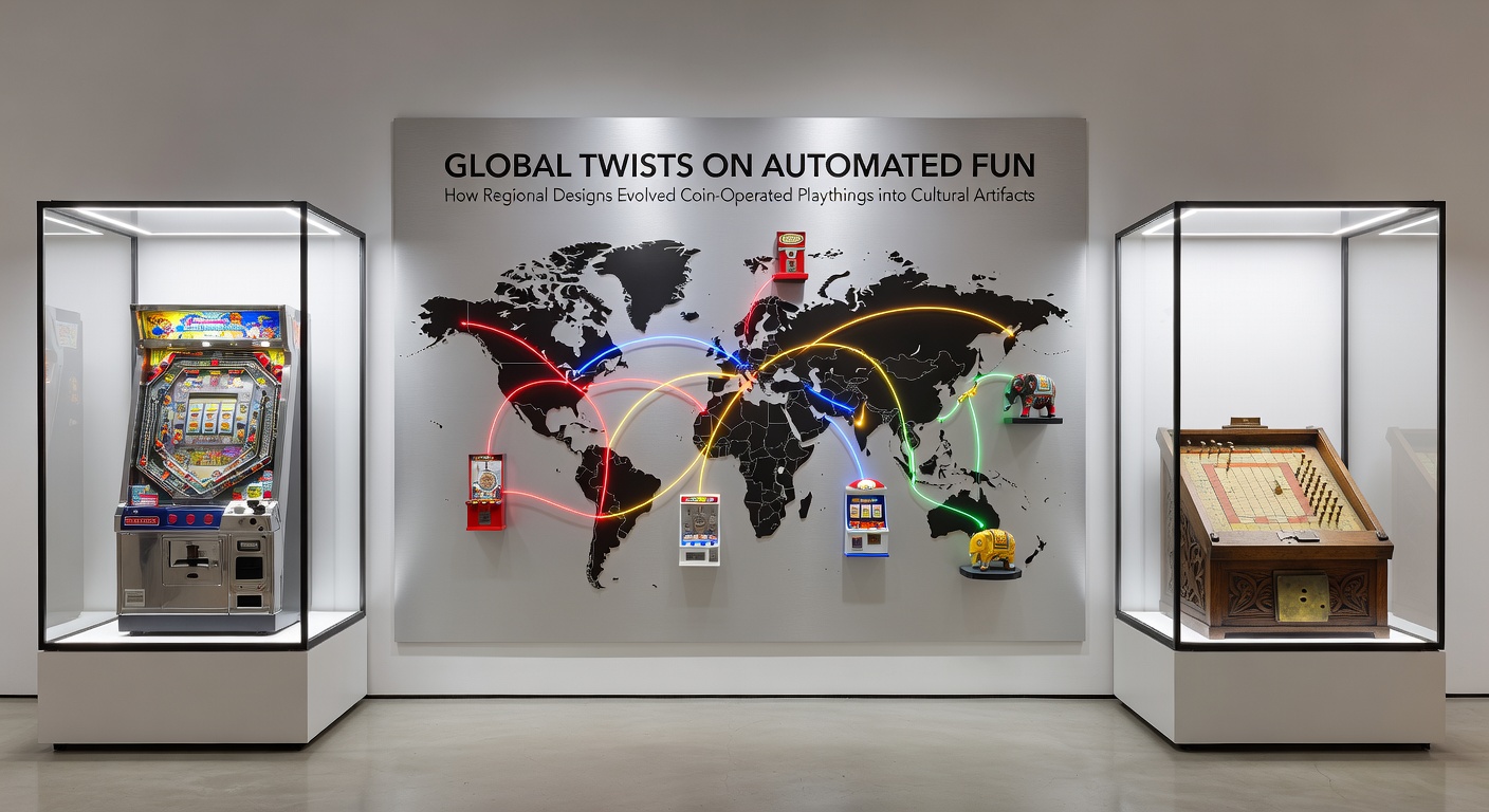 Münzspielautomaten mit regionalen kulturellen Motiven aus Asien und Lateinamerika illustrieren die Evolution zu Ikonen