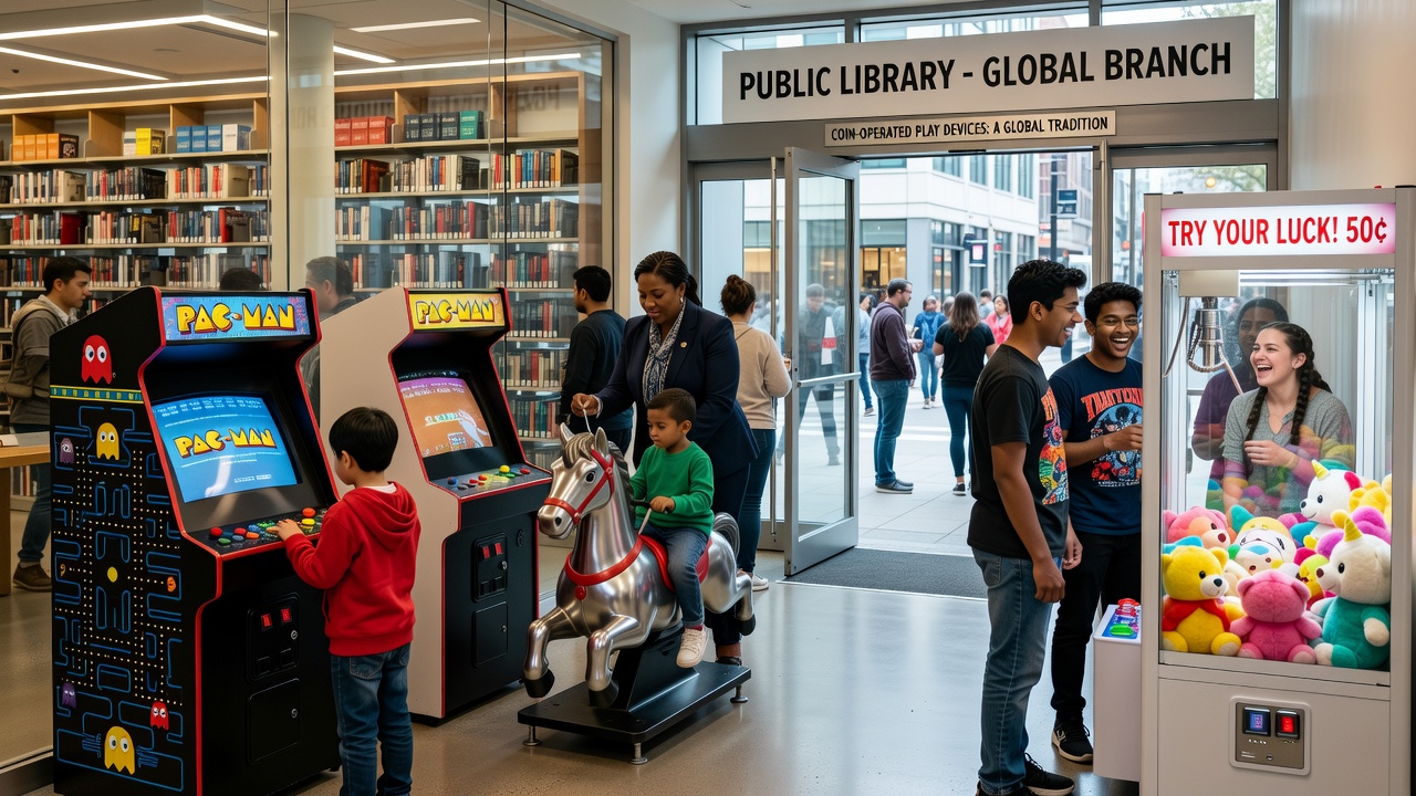 Detailansicht eines münzbetätigten Spielgeräts am Eingang einer Bibliothek mit Kapseln und Besuchern