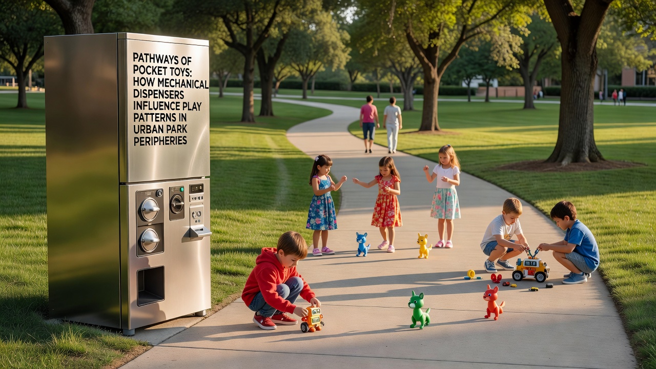 Detailansicht eines Kapselautomaten mit umliegenden Spielspuren und Kindern in urbaner Parkumgebung