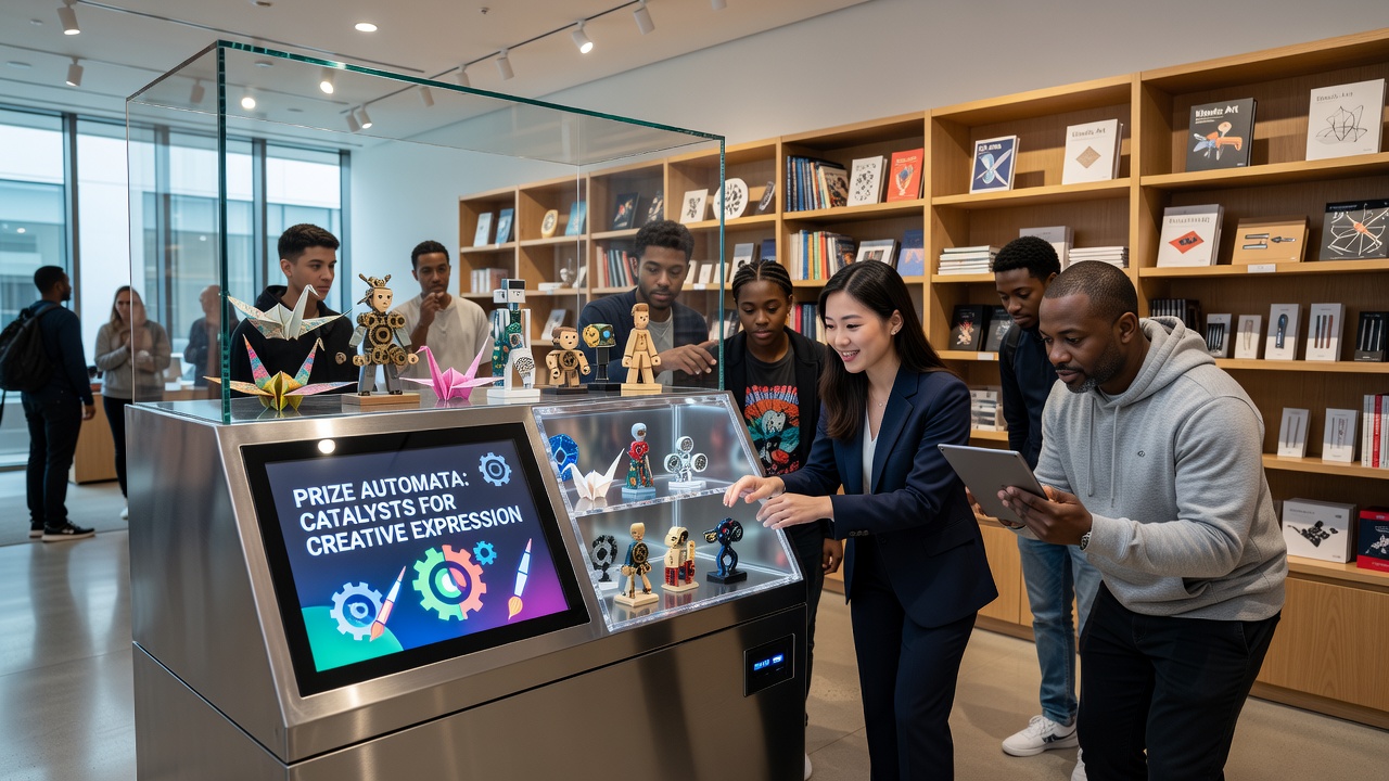 Besucher interagieren mit einem Preisautomaten in einem Museumsshop