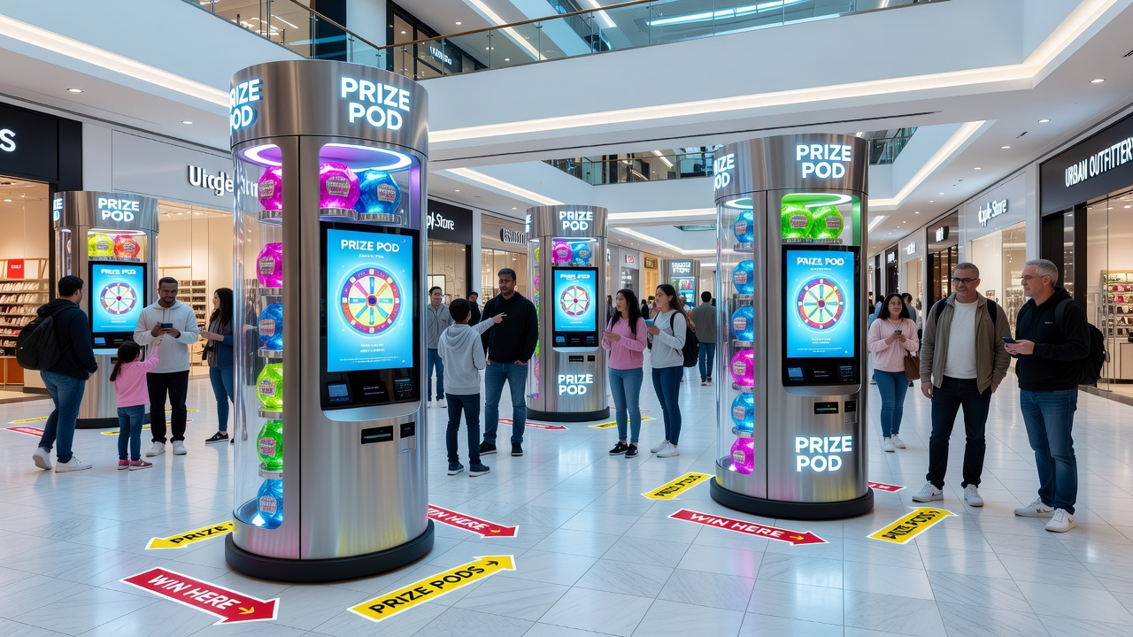Detailansicht eines Preis-Pods mit Kapseln und umstehenden Besuchern in einer Mall-Umgebung