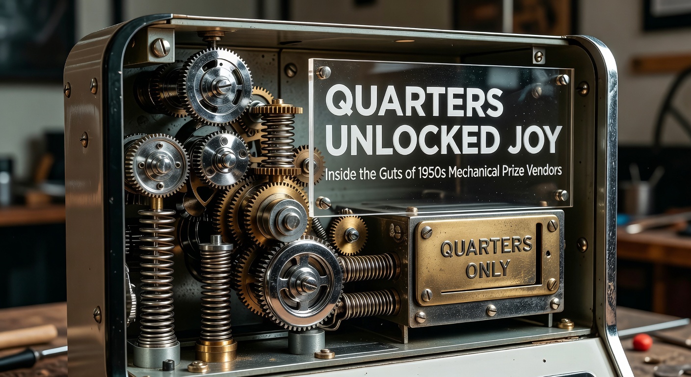 Ein klassischer mechanischer Preisausgeber aus den 1950er Jahren mit glänzendem Chromgehäuse und Vierteldollarmünzen als Zahlungsmittel