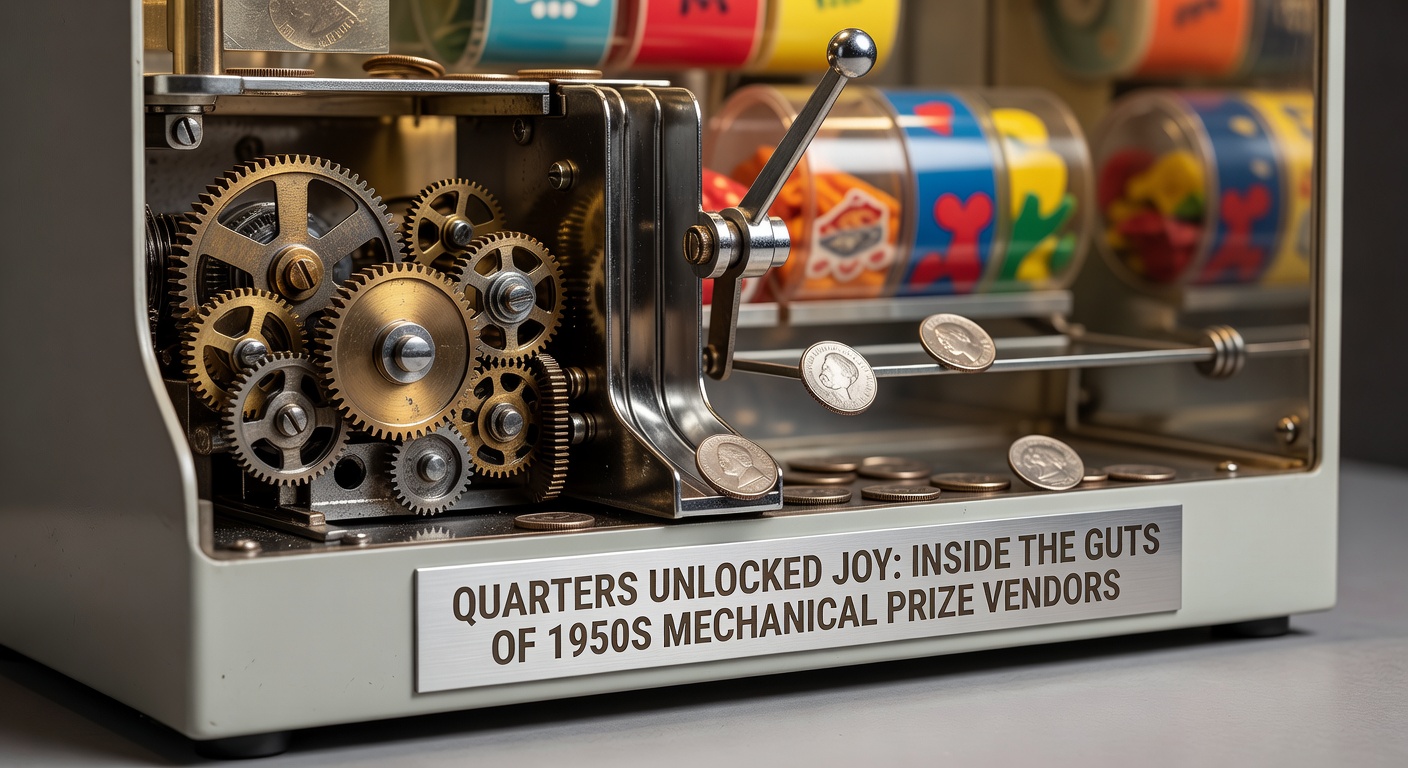Detaillierter Blick ins Innere eines geöffneten 1950er Preisausgebers mit sichtbaren Zahnrädern, Federn und dem Münzmechanismus