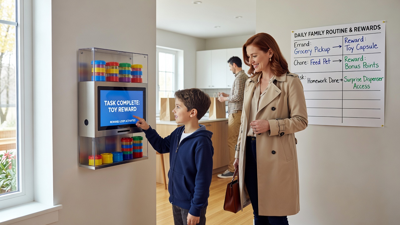 Kinder bei der Interaktion mit einem münzbetriebenen Spielzeugspender nach dem Einkauf