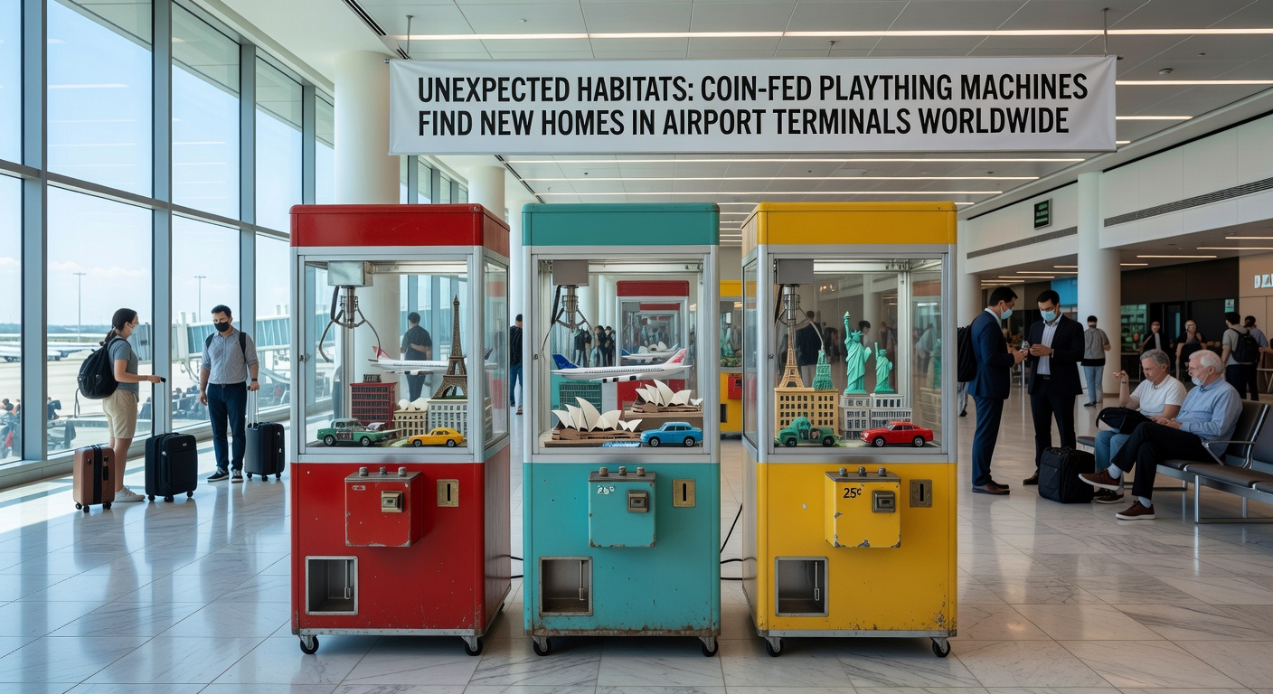 Detailansicht eines Kapselautomaten mit Spielzeugfiguren in einem Flughafen-Wartebereich